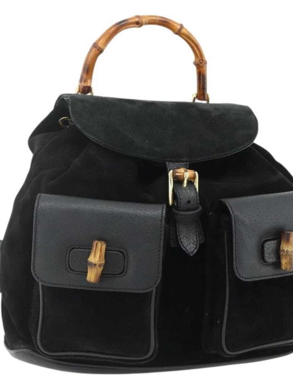 GUCCI Bamboo Backpack Suede Leather Black Gold Auth